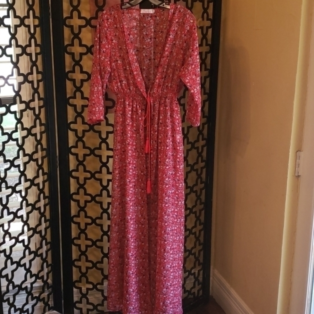 Red Floral Boho Coverup/Duster Short‎ Sleeve Lightweight Size Large